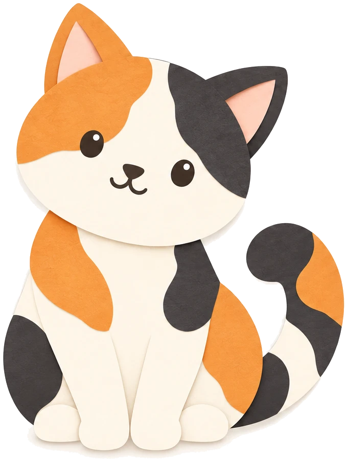 A calico cat made of layered paper, the CuteAMS mascot