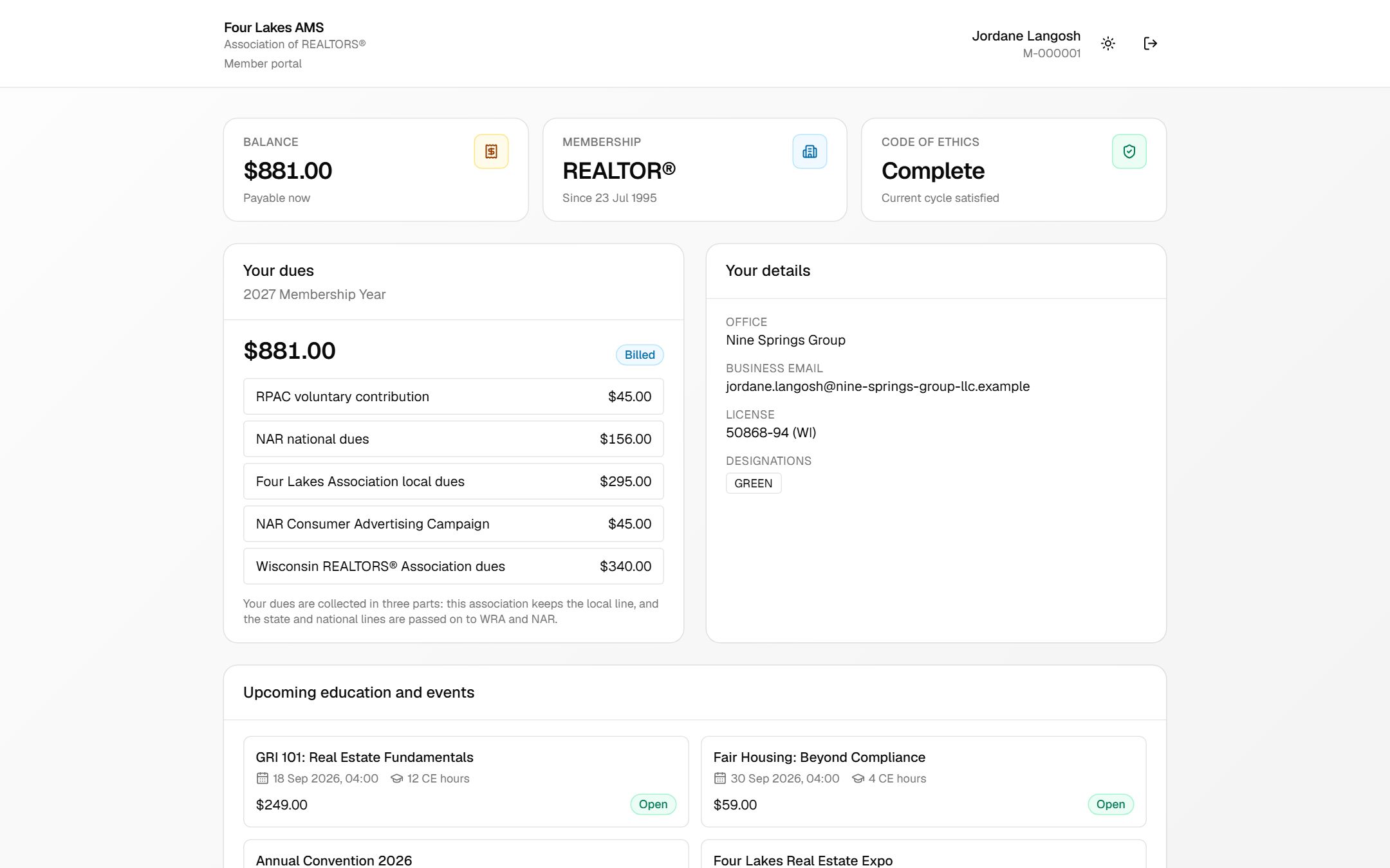The member portal: balance, membership, ethics status, and an itemized dues bill